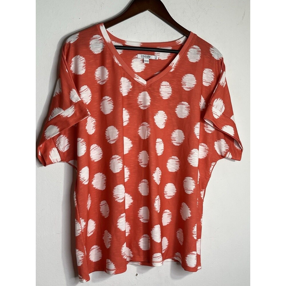 Chicos Abstract Polka Dot Sketch Orange Blouse sz 3 / 16 XL  (11)